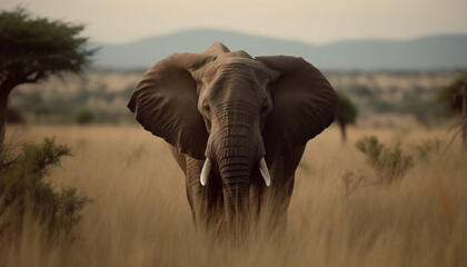 Fototapeta na wymiar African elephant walking in savannah at sunset generated by AI