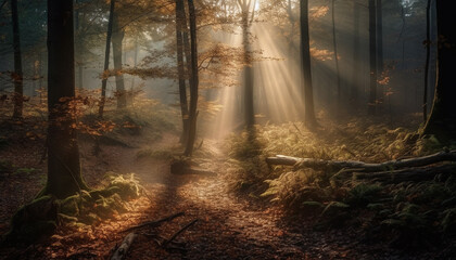Fototapeta premium Mysterious forest, spooky autumn, tranquil wilderness dawn generated by AI