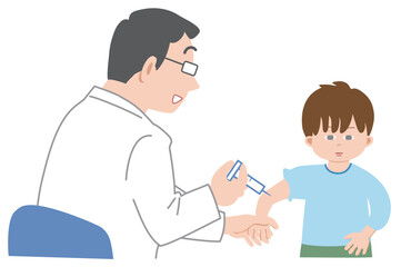 注射をする医者と注射が嫌いで無表情な男の子のイラスト