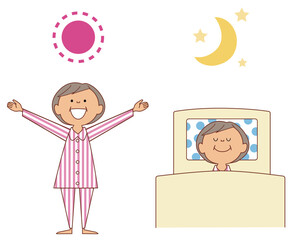 ぐっすり眠る高齢者と朝起きる高齢者のイラスト