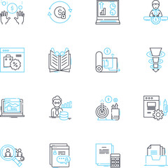 Fiscal organization linear icons set. Budgeting, Accounting, Taxation, Financing, Auditing, Consolidation, Expenses line vector and concept signs. Revenue,Invoicing,Cashflow outline illustrations