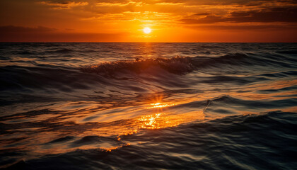 Fototapeta na wymiar Sunset over water, waves reflect vibrant beauty generated by AI