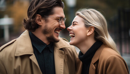 Obraz premium Young couple embracing, smiling, enjoying autumn day generated by AI
