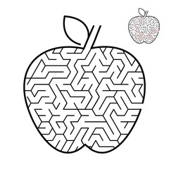 Children's Maze apple. Game for kids. Puzzle for children. Cartoon style. Labyrinth conundrum. Black white vector illustration. With the answer