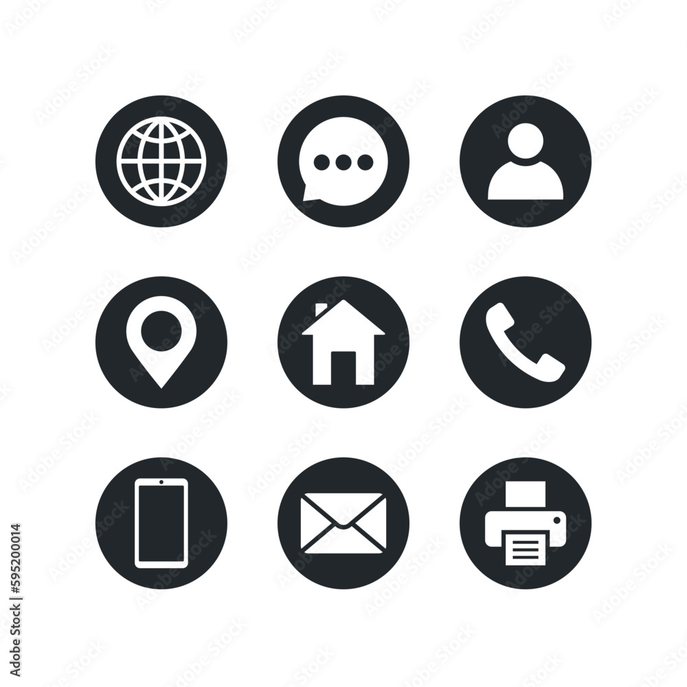 Poster flat vector image isolated on white background, business card icons, name and address with phone num
