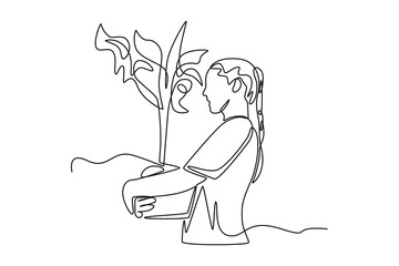 Continuous one line drawing woman carrying big plant in pot. World environment day concept. Single line draw design vector graphic illustration.