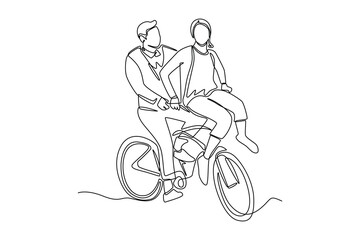 Single one line drawing happy people ride bicycle. World bicycle day concept. Continuous line draw design graphic vector illustration.