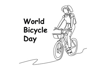 Single one line drawing happy people ride bicycle. World bicycle day concept. Continuous line draw design graphic vector illustration.