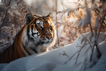 König der Kälte: Ein majestätischer Tiger in einer winterlichen Umgebung