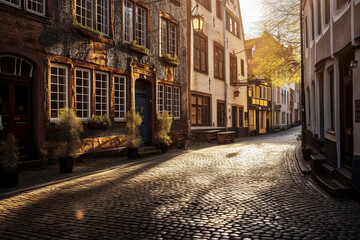 Naklejka na ściany i meble Charming cobblestone street in a quaint German town at sunset- generative AI