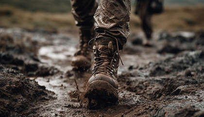 Military men hiking through muddy forest terrain generated by AI - obrazy, fototapety, plakaty
