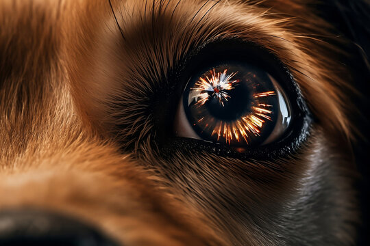Close up of scared dog eye with fireworks reflection. Generative AI illustration
