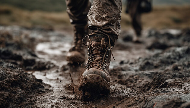 Military men hiking through muddy forest terrain generated by AI