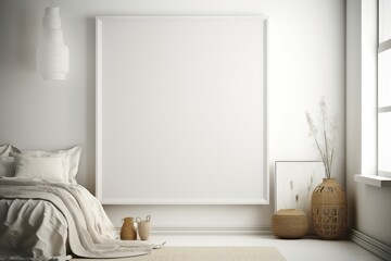 Blank picture frame/canvas in a cozy living room. Mockup/copyspace template for product/art/design placement created using generative AI tools