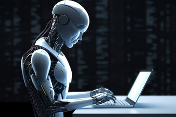 AI android robot writing text on laptop.  - obrazy, fototapety, plakaty