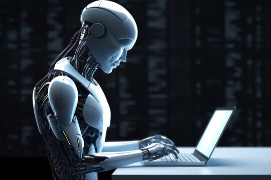 AI android robot writing text on laptop. 