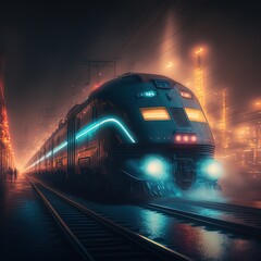 High speed double decker express train arrives at a station in the city
