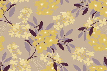 Vector floral seamless pattern. Yellow flowers on a beige background.
