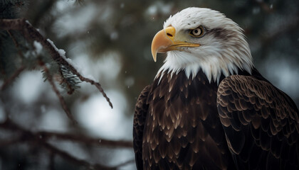 Obraz premium Majestic bald eagle perching on snowy branch generated by AI