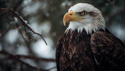 Majestic bald eagle perching on snowy branch generated by AI