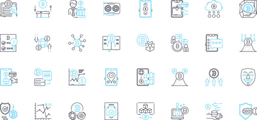 Smart contracts linear icons set. Ethereum, Blockchain, Decentralized, Code, Trust, Transparency, Immutable line vector and concept signs. Automation,Consensus,Verification outline illustrations