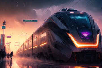 High speed double decker express train arrives at a station in the city