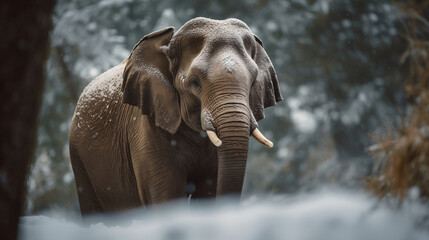 Fototapeta na wymiar A cute elephant in the snow