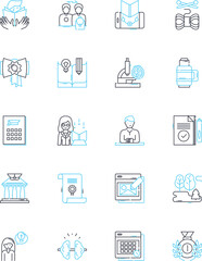 Instructional teaching linear icons set. Pedagogy, Curriculum, Lesson, Methodology, Tutoring, Mentorship, Education line vector and concept signs. Training,Coaching,Facilitation outline illustrations