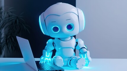 Cute adorable baby robot rendered in the style of children-friendly cartoon animation fantasy style, generative ai 