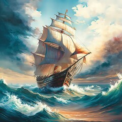 Sailing ship at sunset. Generative ai