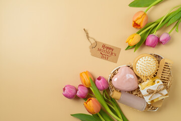 Mother's day heart shape gift box with natural home self care products and tulip flowers on beige background. Top view from above