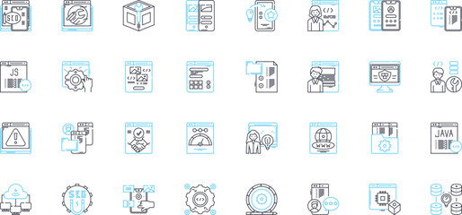 Engineer linear icons set. Innovation, Precision, Design, Problem-solving, Ingenuity, Creativity, Technology line vector and concept signs. Efficiency,Collaboration,Optimization outline illustrations