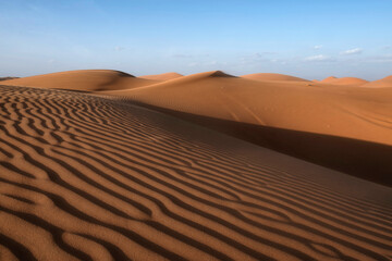 Fototapeta na wymiar Sunset on ripples on Sand Dunes of Wahiba Sands Desert, Oman