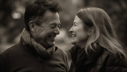 Young couple embracing in nature, smiling joyfully generated by AI