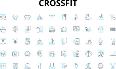 Crossfit linear icons set. WOD, Box, Reps, AMRAP, EMOM, Kipping, Intensity vector symbols and line concept signs. Muscle-ups,Thrusters,Cleans illustration