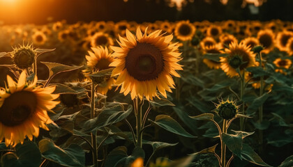 Sunflower plant grows in vibrant summer sunlight generated by AI