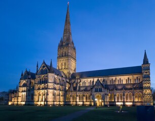 Fototapeta na wymiar Spire of Salisbury Cathedral stands tall, Wiltshire, UK, England