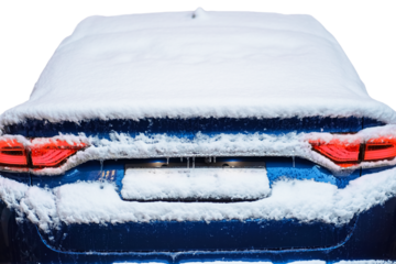 Car covered with snow, winter morning. snowy road. isolated, back view.