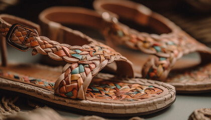Leather sandal with rope strap, rustic design generated by AI