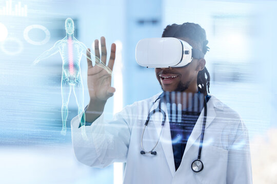 Doctor, virtual reality and man with x ray in health and digital transformation, anatomy and overlay. Tech growth in medicine, medical data on screen with black male in VR goggles and futuristic