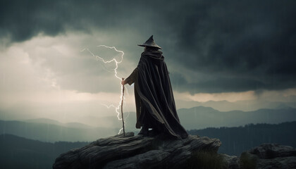 One spooky witch standing outdoors in moonlight generated by AI