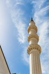 View of an islamic minaret of the mosque. Religion