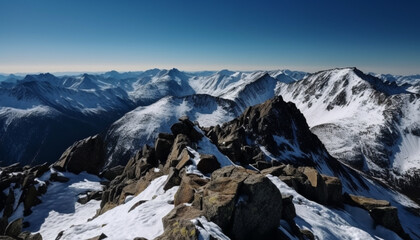 Naklejka premium High up, mountain climbers explore majestic terrain generated by AI