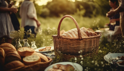 Family enjoys organic meal in sunny meadow generated by AI
