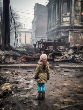 Ein kleines M&auml;dchen auf einer Stra&szlig;e in einer Stadt in der Krieg herscht und sehen das Ausma&szlig; der Zerst&ouml;rung ,generative AI