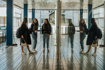 Lovely young girls wondering if they should go in the boutique. Brunette girl (left) advises them...