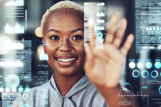 Touch screen, hologram and black woman with digital data analytics, statistics or info. Holographic, futuristic or happy business person with overlay of trading charts, ui or ux with hand interaction