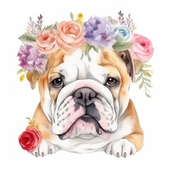 Portrait of a cute bulldog with flowers. Watercolor illustration created using generative AI tools