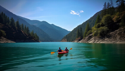 Two men paddling canoe in tranquil mountain landscape generated by AI