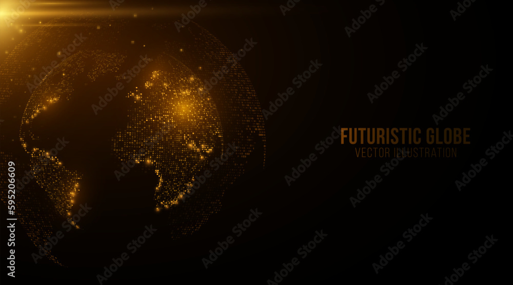 Poster futuristic planet earth. world map of glowing square dots. modern abstract background. space composi